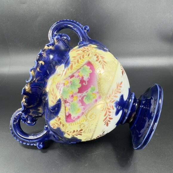 Antique Fine Porcelain Vase Vessel Footed Dish Bowl W Handles Decorated Ceramic - Picture 10 of 16